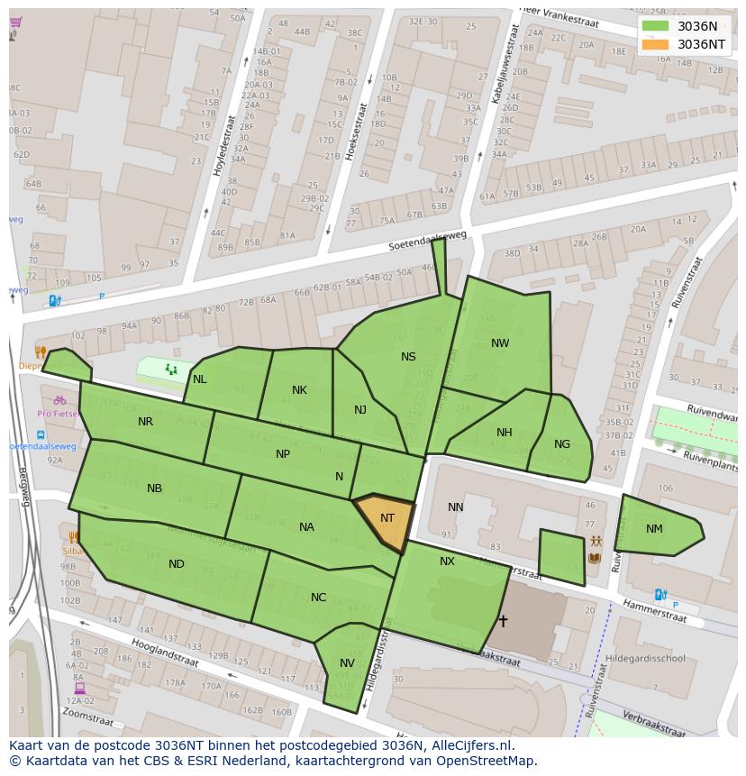 Afbeelding van het postcodegebied 3036 NT op de kaart.