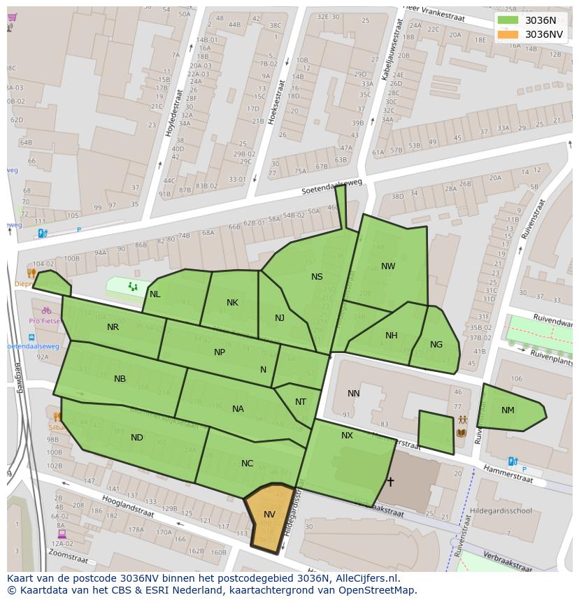 Afbeelding van het postcodegebied 3036 NV op de kaart.
