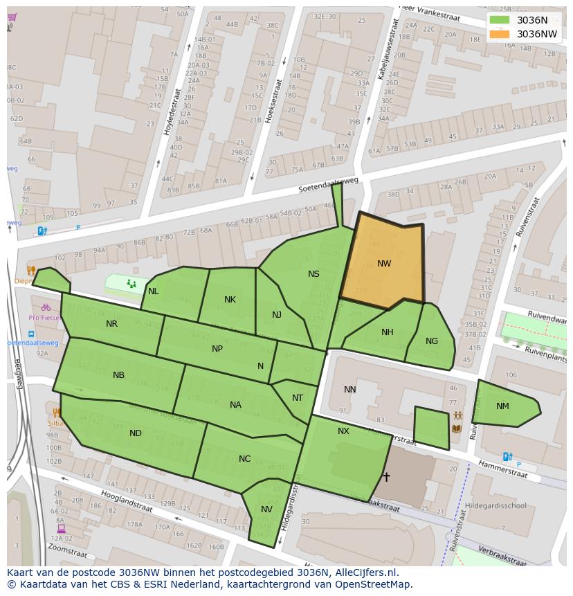 Afbeelding van het postcodegebied 3036 NW op de kaart.