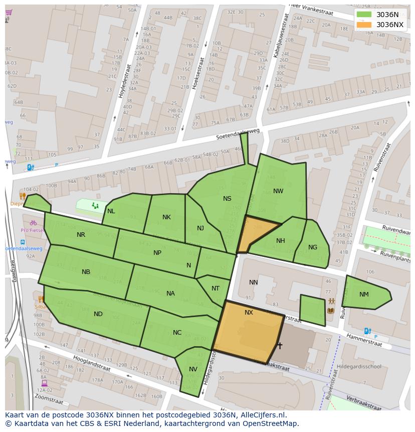 Afbeelding van het postcodegebied 3036 NX op de kaart.