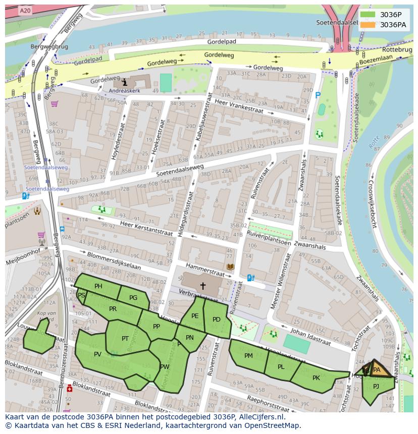 Afbeelding van het postcodegebied 3036 PA op de kaart.