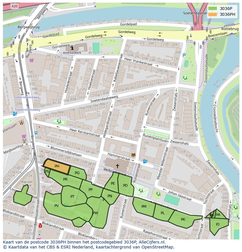 Afbeelding van het postcodegebied 3036 PH op de kaart.