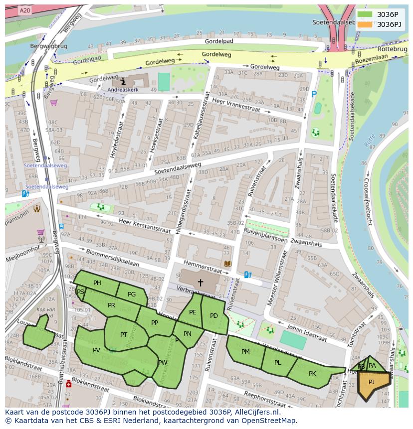 Afbeelding van het postcodegebied 3036 PJ op de kaart.
