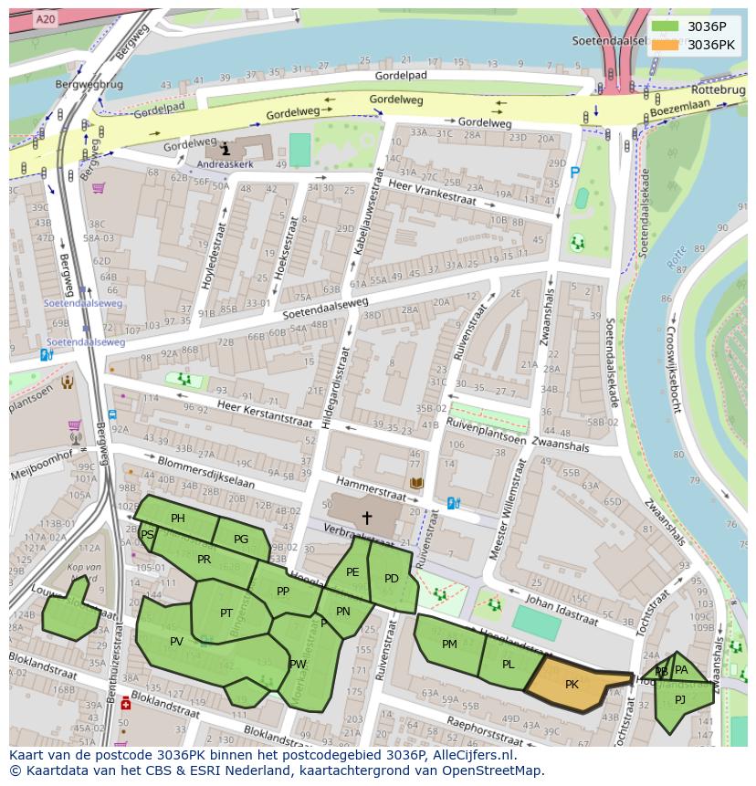 Afbeelding van het postcodegebied 3036 PK op de kaart.
