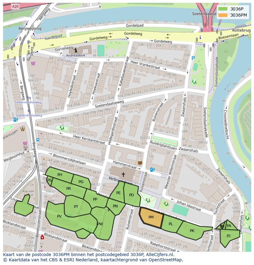 Afbeelding van het postcodegebied 3036 PM op de kaart.