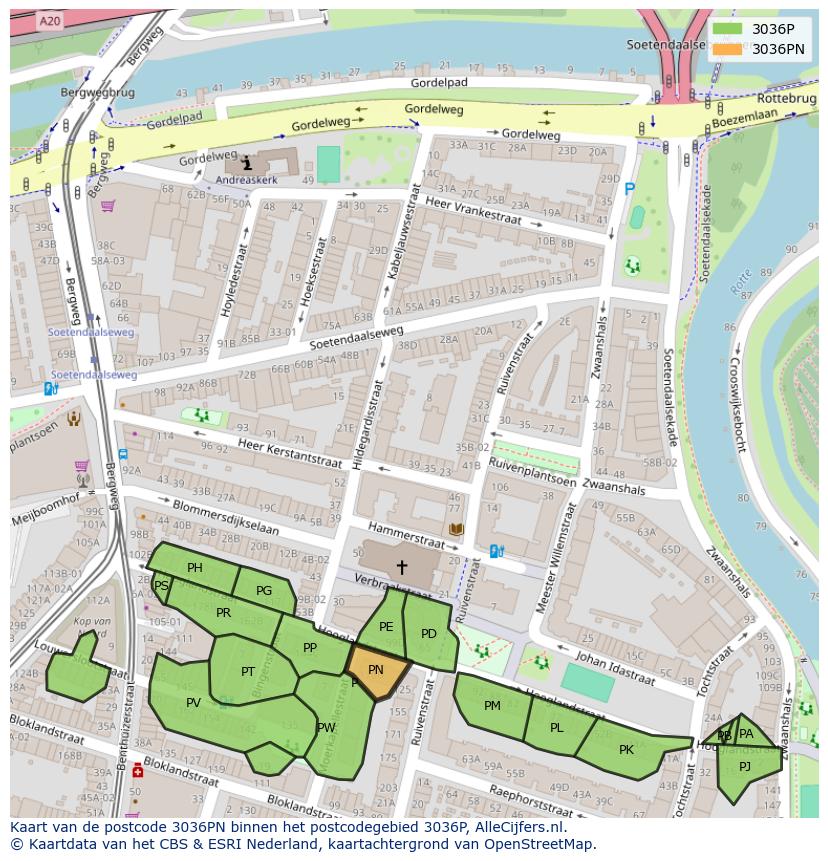 Afbeelding van het postcodegebied 3036 PN op de kaart.