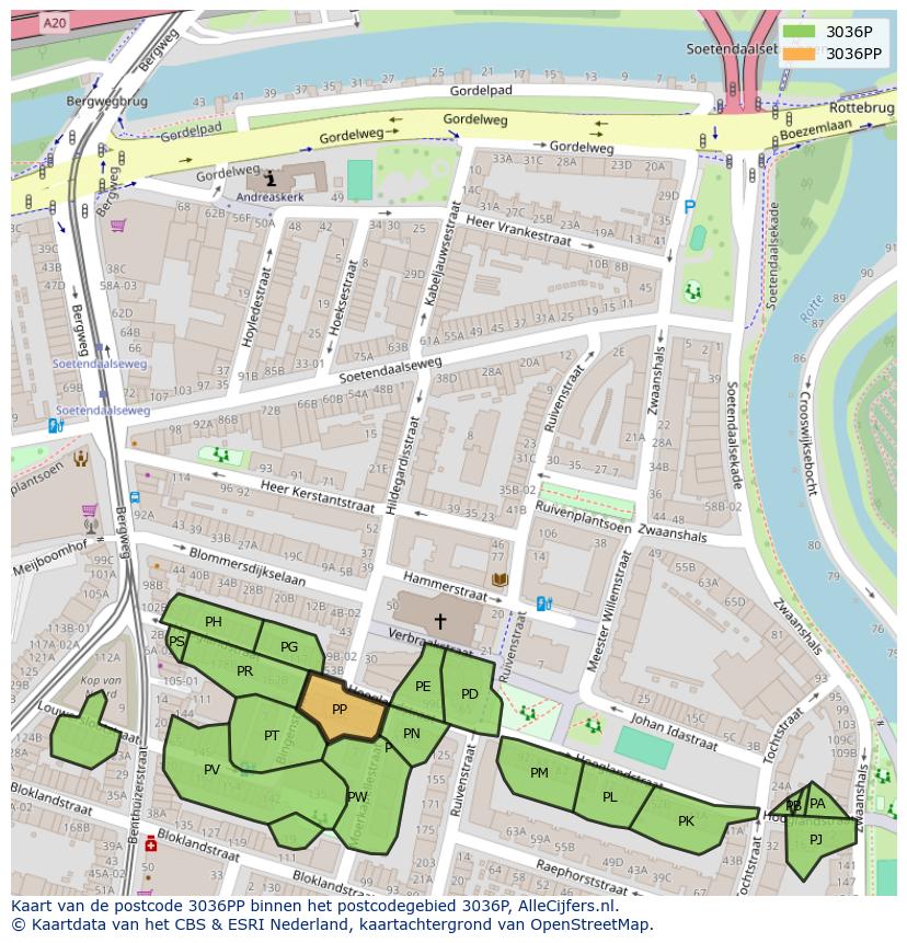 Afbeelding van het postcodegebied 3036 PP op de kaart.