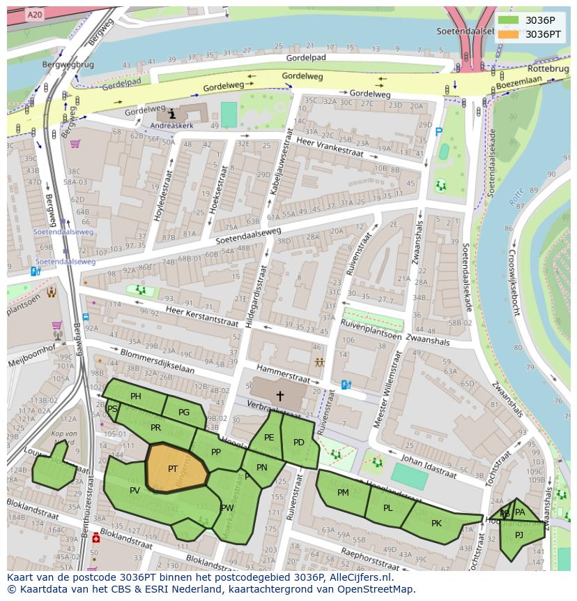 Afbeelding van het postcodegebied 3036 PT op de kaart.