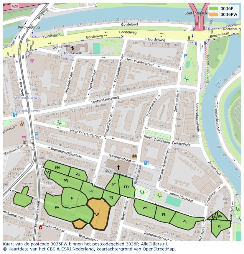 Afbeelding van het postcodegebied 3036 PW op de kaart.
