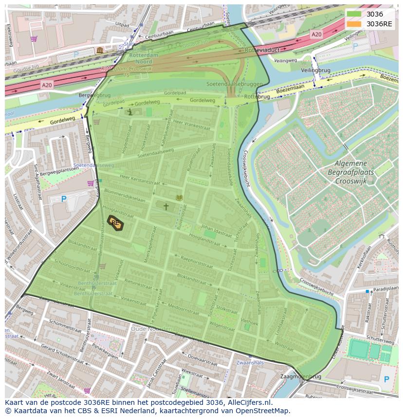 Afbeelding van het postcodegebied 3036 RE op de kaart.