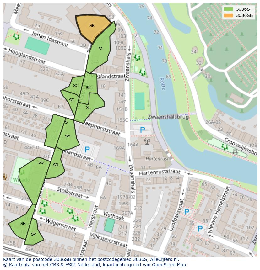 Afbeelding van het postcodegebied 3036 SB op de kaart.