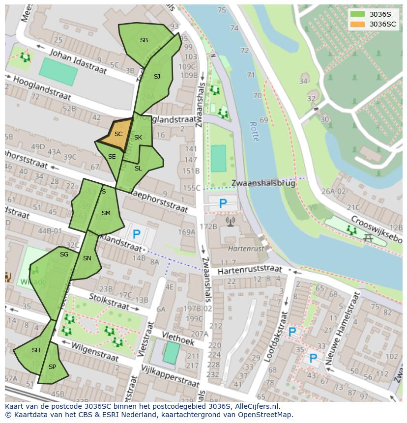 Afbeelding van het postcodegebied 3036 SC op de kaart.