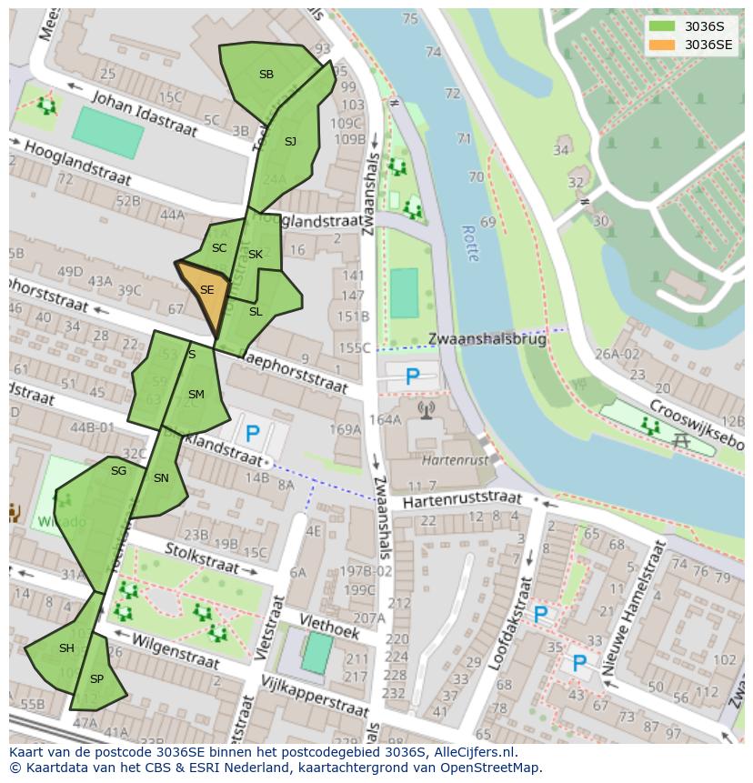 Afbeelding van het postcodegebied 3036 SE op de kaart.