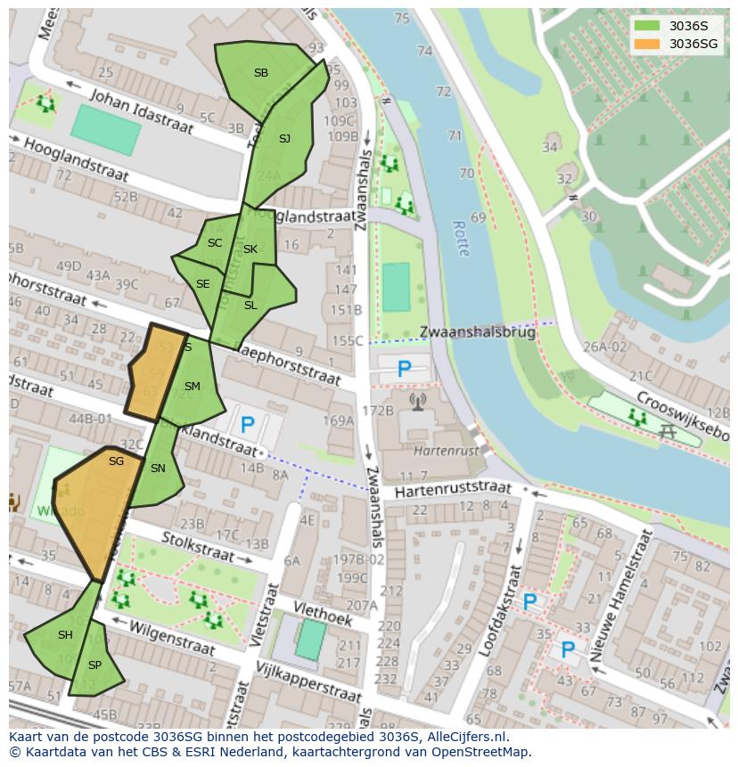 Afbeelding van het postcodegebied 3036 SG op de kaart.
