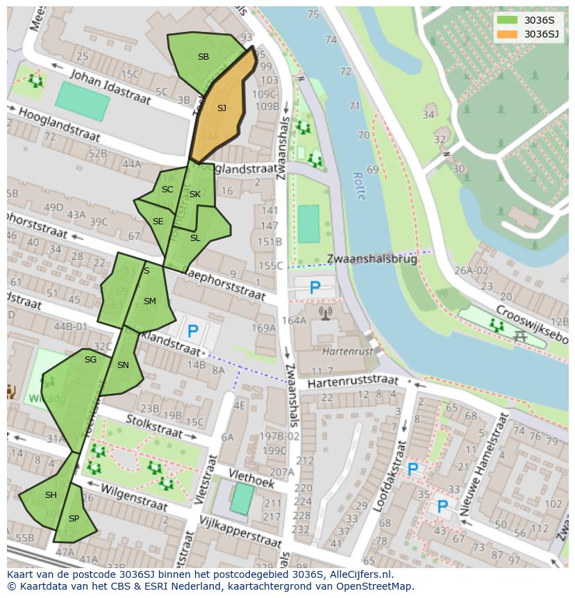 Afbeelding van het postcodegebied 3036 SJ op de kaart.