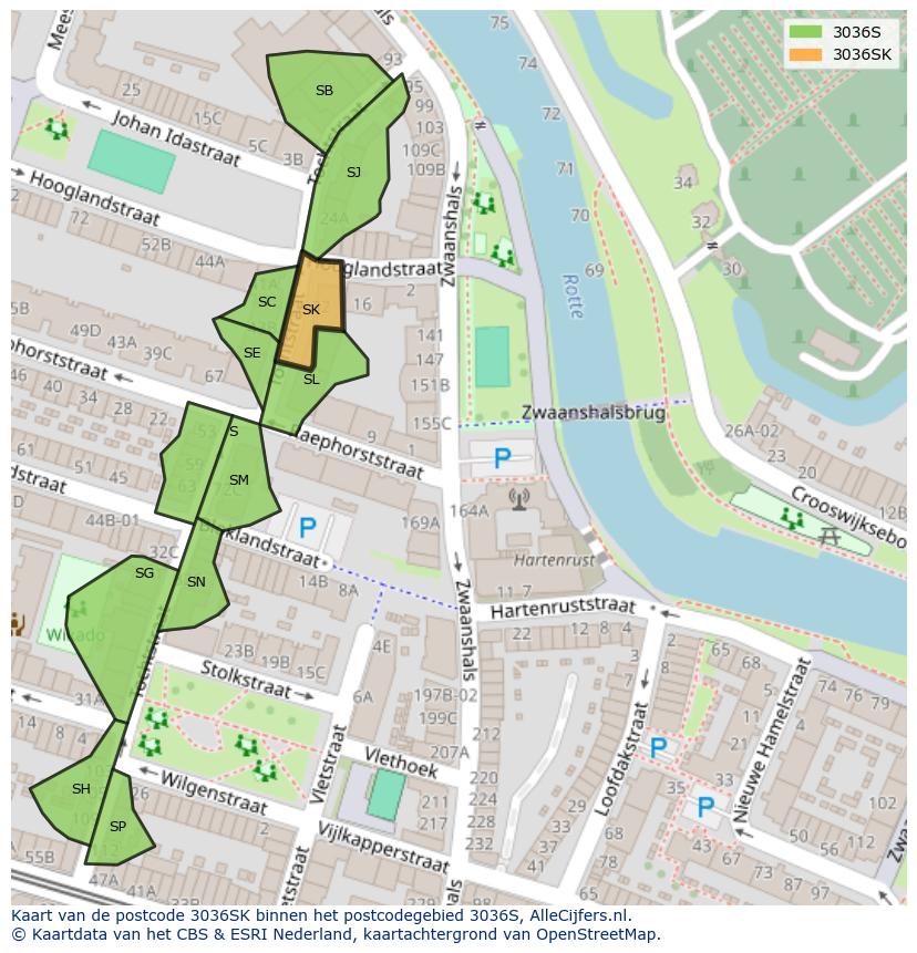 Afbeelding van het postcodegebied 3036 SK op de kaart.