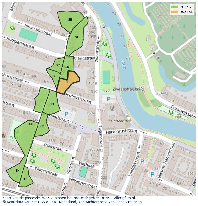 Afbeelding van het postcodegebied 3036 SL op de kaart.