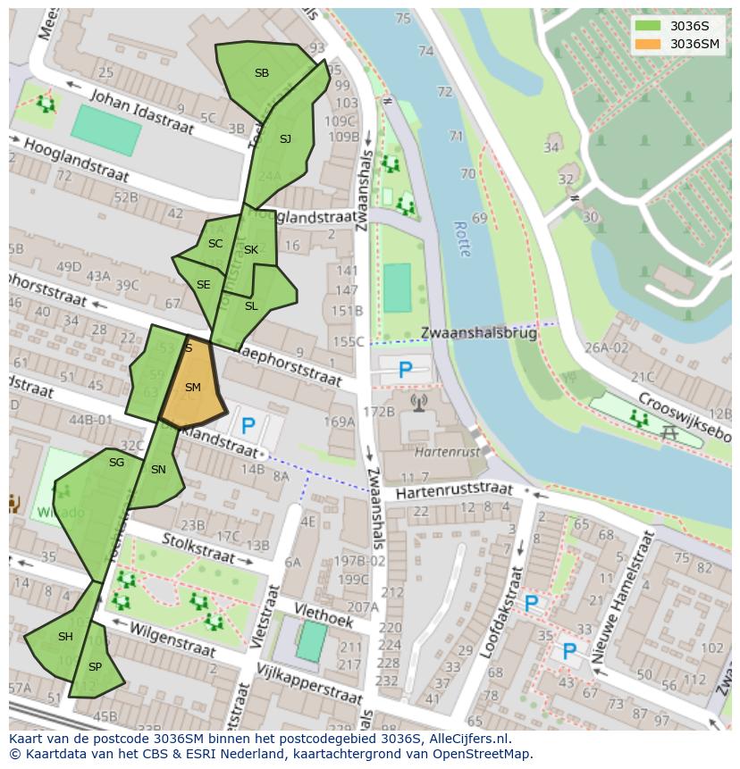 Afbeelding van het postcodegebied 3036 SM op de kaart.
