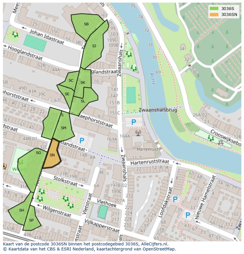 Afbeelding van het postcodegebied 3036 SN op de kaart.