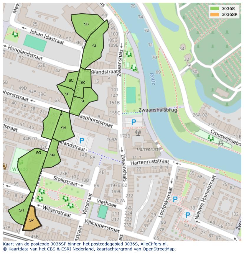 Afbeelding van het postcodegebied 3036 SP op de kaart.