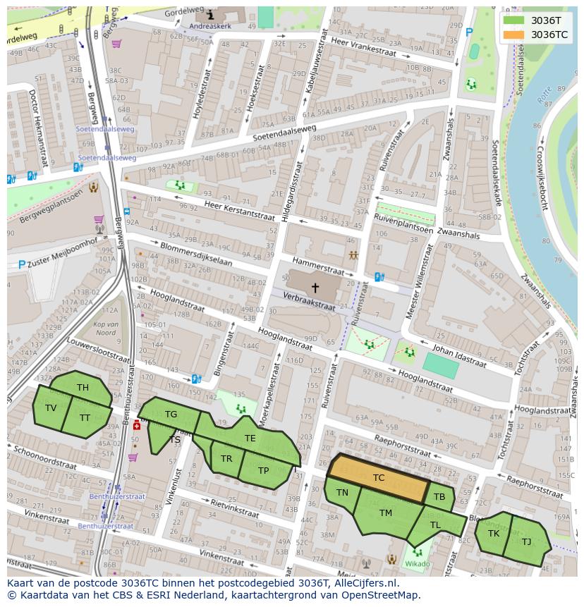 Afbeelding van het postcodegebied 3036 TC op de kaart.