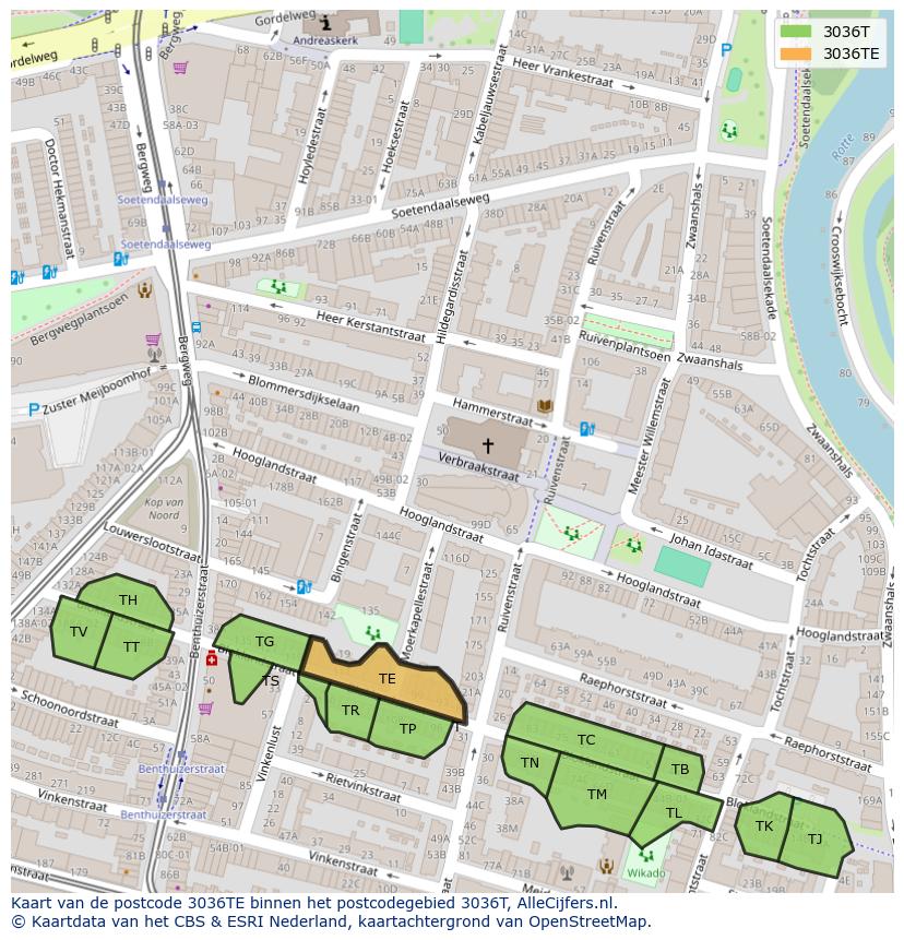 Afbeelding van het postcodegebied 3036 TE op de kaart.