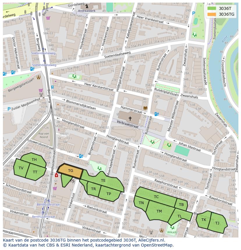 Afbeelding van het postcodegebied 3036 TG op de kaart.