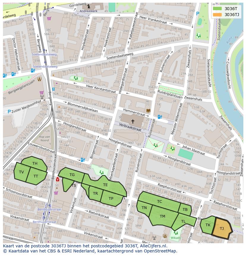 Afbeelding van het postcodegebied 3036 TJ op de kaart.