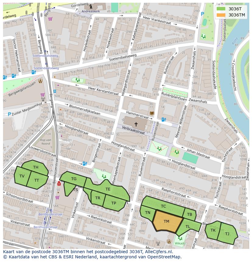 Afbeelding van het postcodegebied 3036 TM op de kaart.