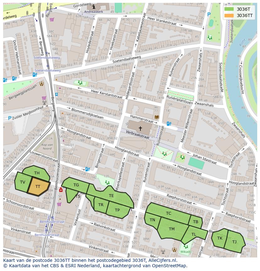 Afbeelding van het postcodegebied 3036 TT op de kaart.