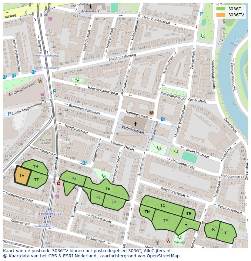 Afbeelding van het postcodegebied 3036 TV op de kaart.