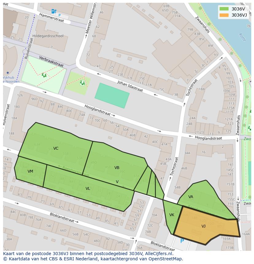 Afbeelding van het postcodegebied 3036 VJ op de kaart.
