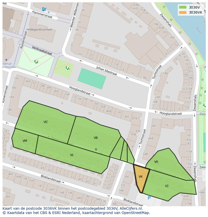 Afbeelding van het postcodegebied 3036 VK op de kaart.