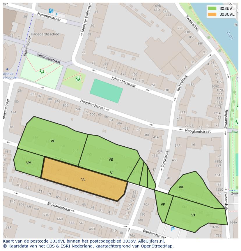 Afbeelding van het postcodegebied 3036 VL op de kaart.
