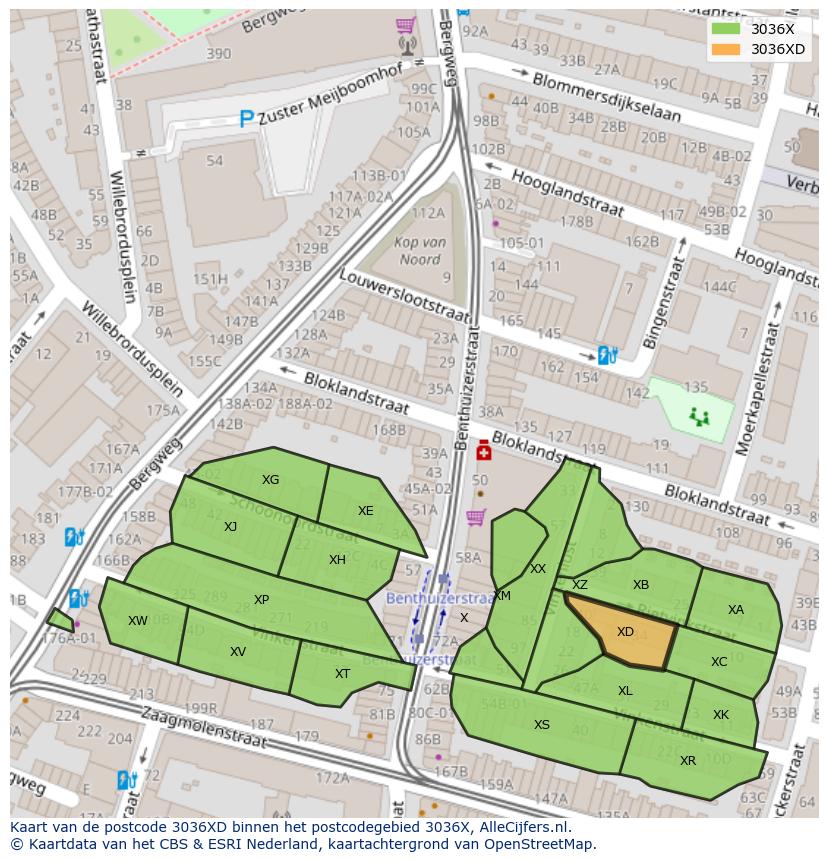 Afbeelding van het postcodegebied 3036 XD op de kaart.