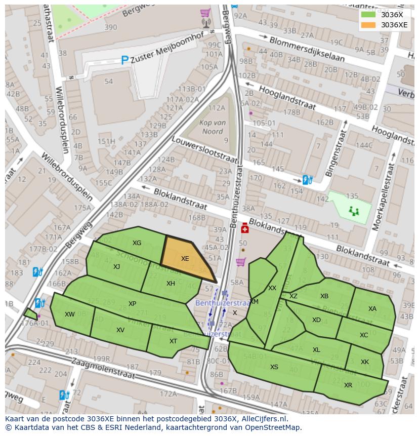 Afbeelding van het postcodegebied 3036 XE op de kaart.