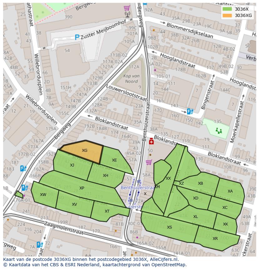 Afbeelding van het postcodegebied 3036 XG op de kaart.