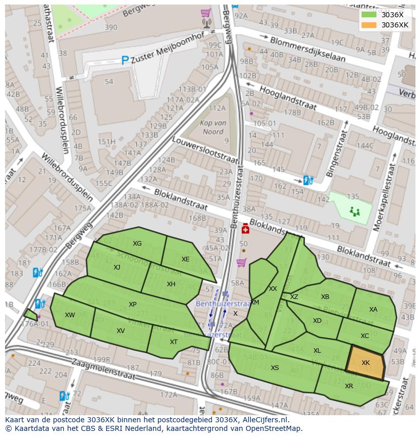 Afbeelding van het postcodegebied 3036 XK op de kaart.
