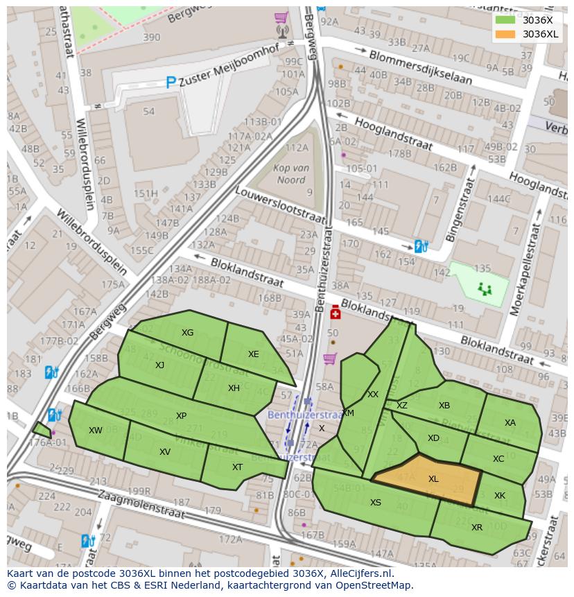 Afbeelding van het postcodegebied 3036 XL op de kaart.