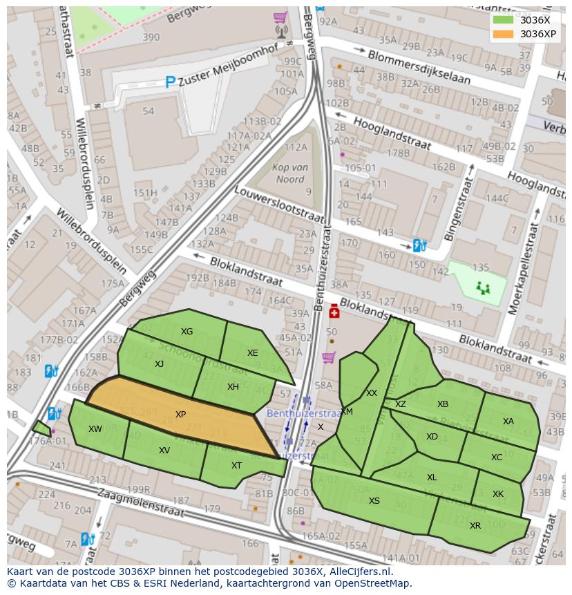 Afbeelding van het postcodegebied 3036 XP op de kaart.