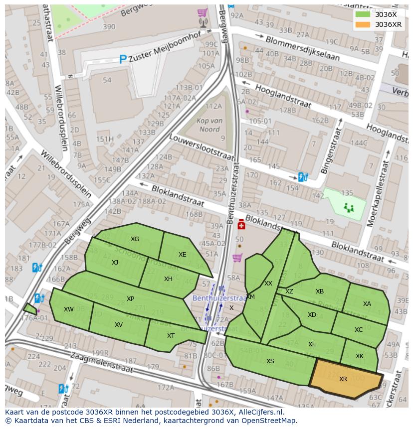 Afbeelding van het postcodegebied 3036 XR op de kaart.