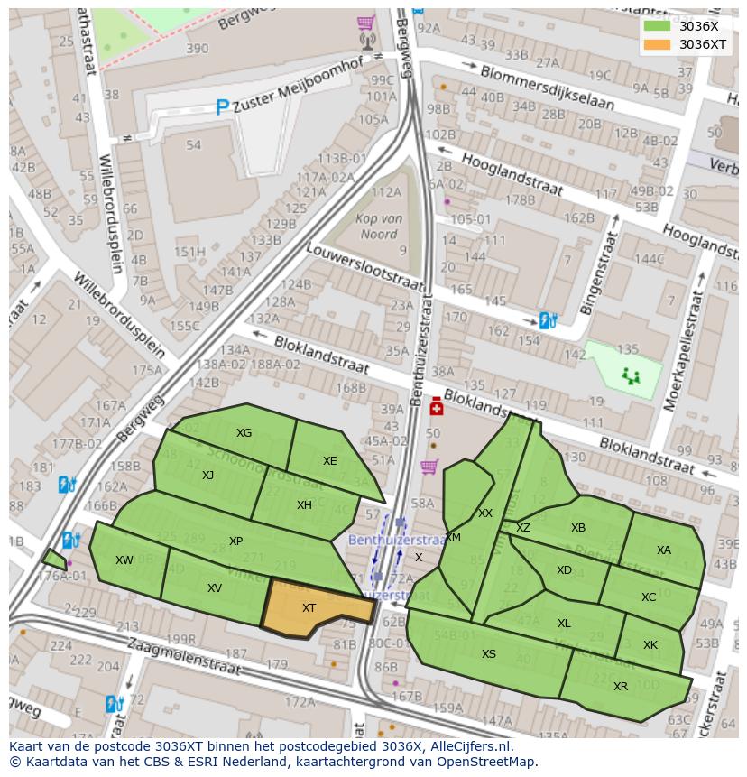 Afbeelding van het postcodegebied 3036 XT op de kaart.