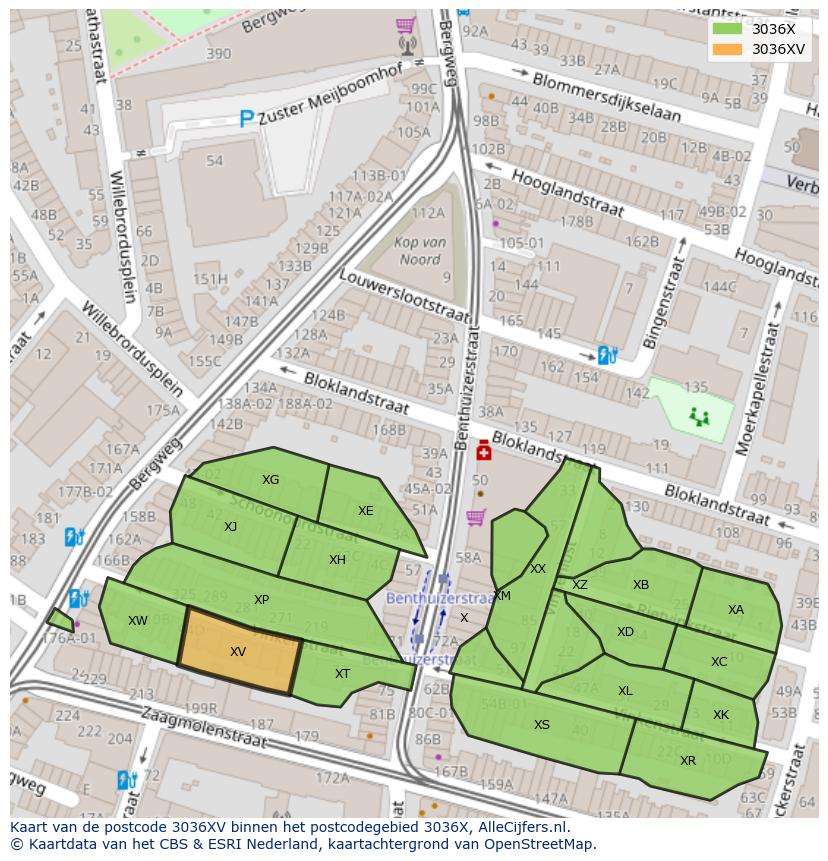 Afbeelding van het postcodegebied 3036 XV op de kaart.