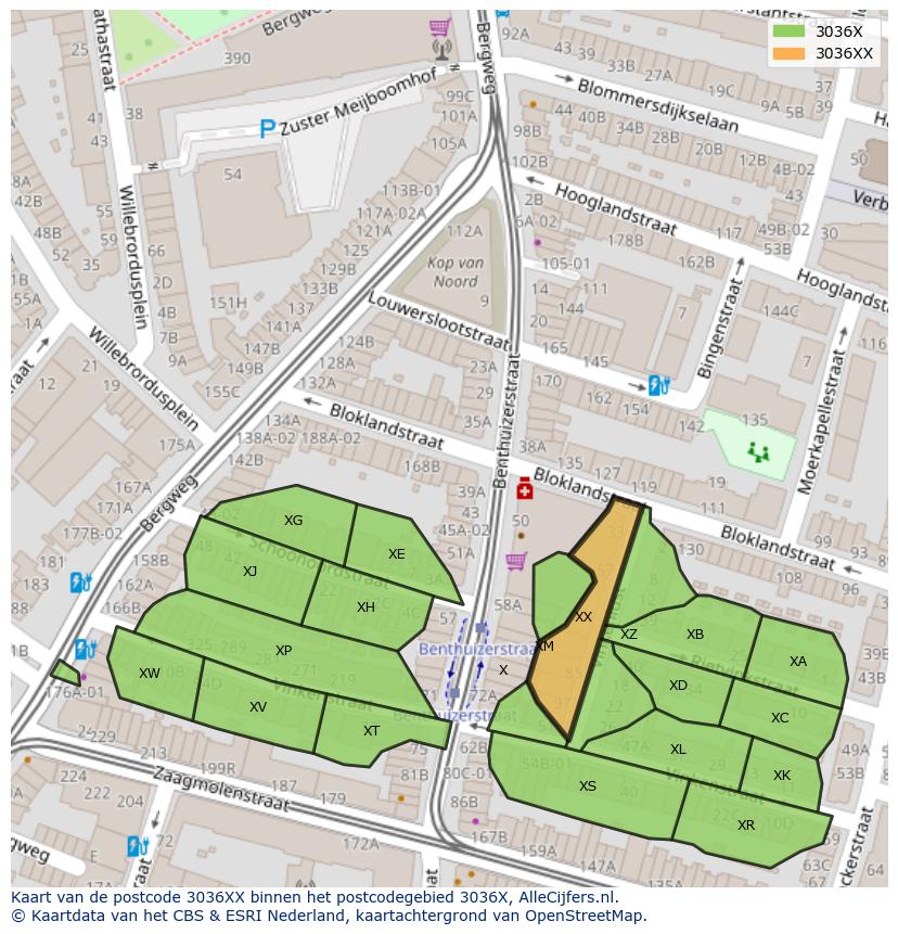 Afbeelding van het postcodegebied 3036 XX op de kaart.