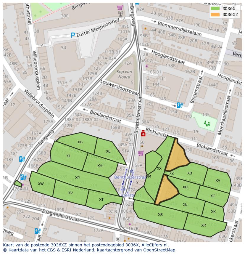 Afbeelding van het postcodegebied 3036 XZ op de kaart.