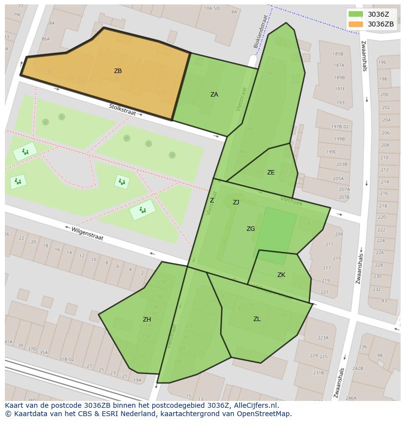 Afbeelding van het postcodegebied 3036 ZB op de kaart.