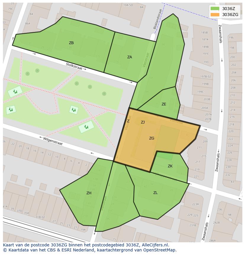 Afbeelding van het postcodegebied 3036 ZG op de kaart.