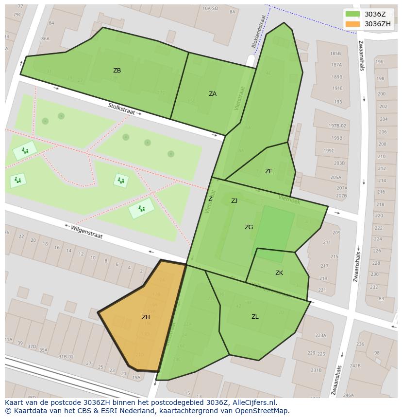 Afbeelding van het postcodegebied 3036 ZH op de kaart.