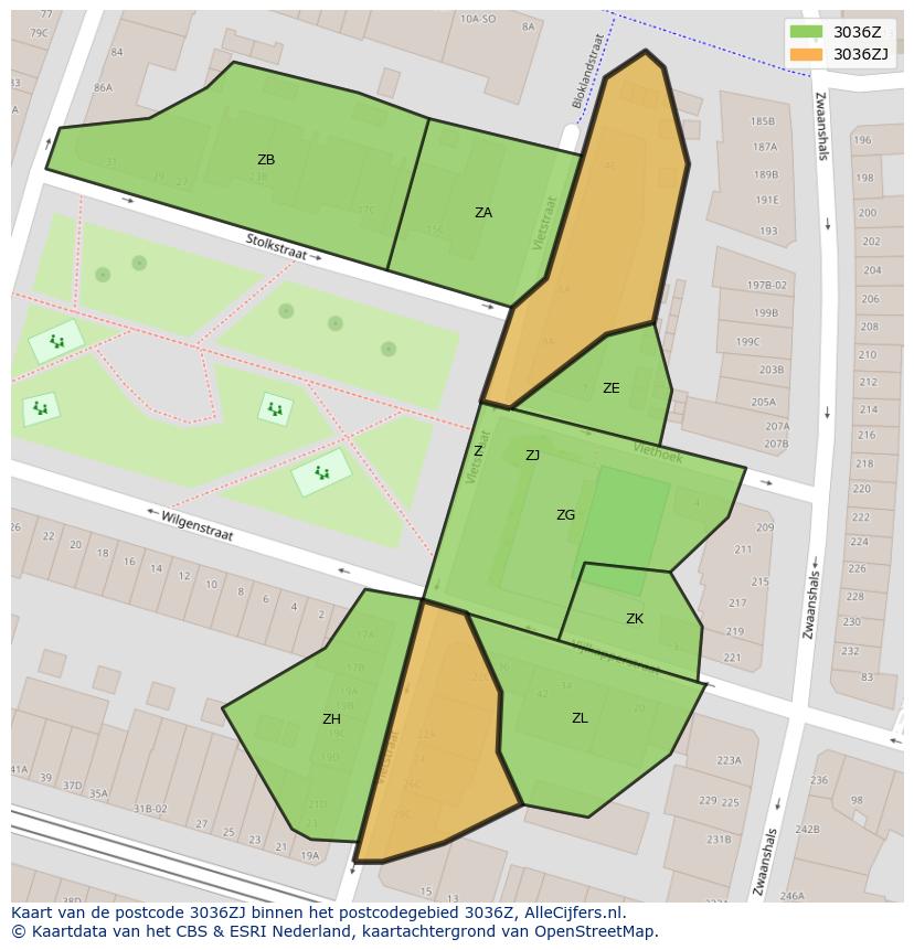 Afbeelding van het postcodegebied 3036 ZJ op de kaart.