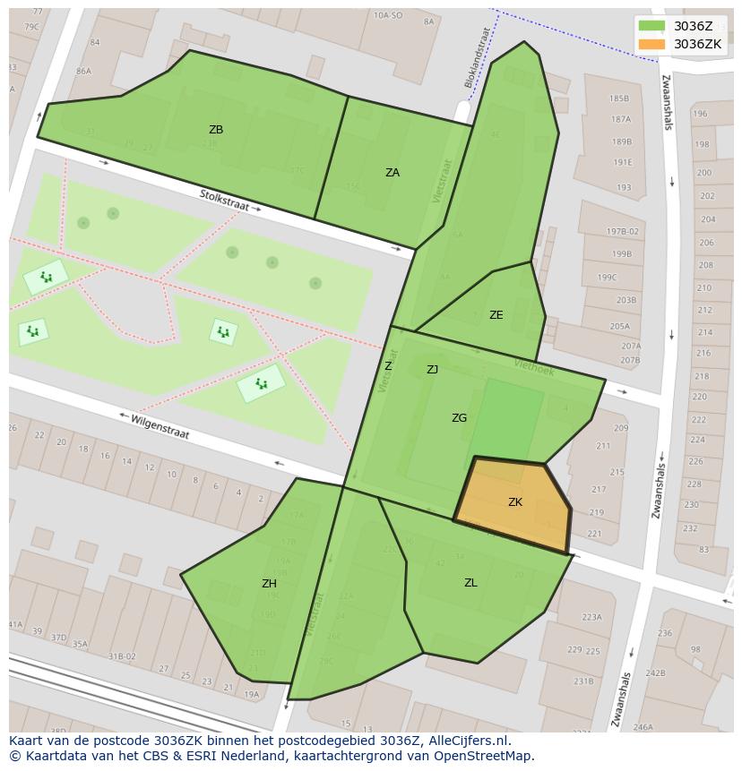 Afbeelding van het postcodegebied 3036 ZK op de kaart.